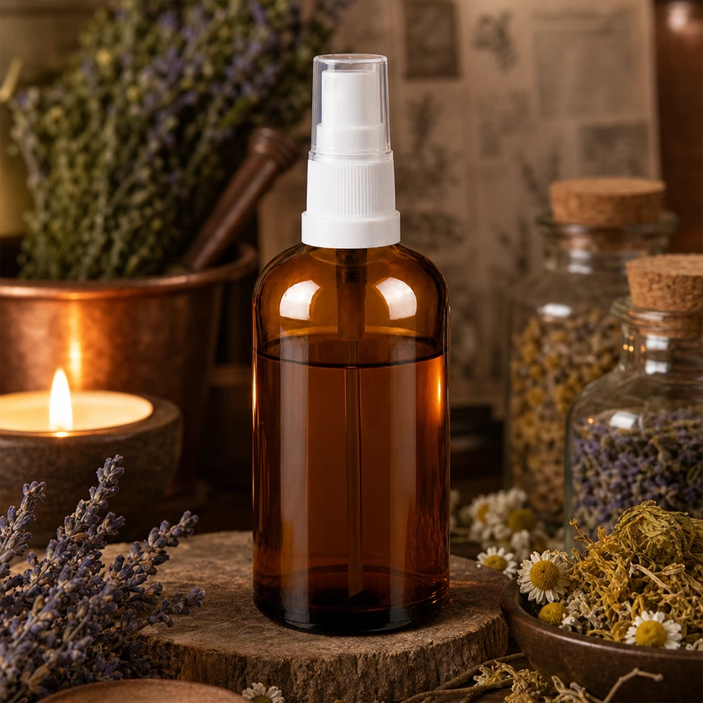 100ml lahvička s rozprašovačem bílá/průhledný standardní uzávěr BrownLine UT18/100 Vintage-Style 100ml Glassprühflasche in Bernsteinoptik mit modernem weißen Pumpverschluss