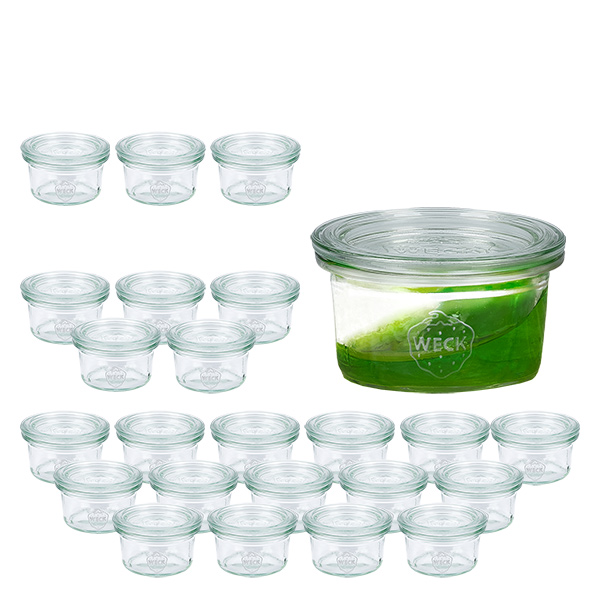 Sada 24 kelímků Weck 50ml se skleněnými víčky o objemu 24 ml. Sada 24 kelímků Weck 50ml se skleněnými víčky o objemu 24 ml.