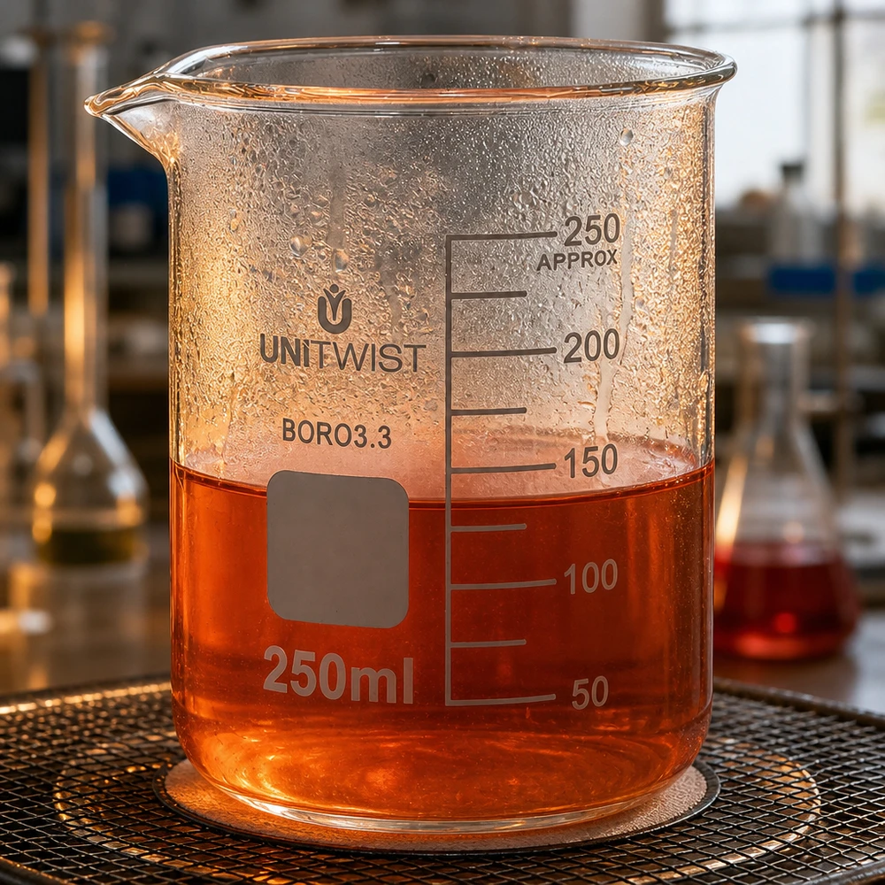 Robustes Borosilikat Becherglas 250ml UNiTWIST niedrige Form mit Ausgießer im Laborumfeld