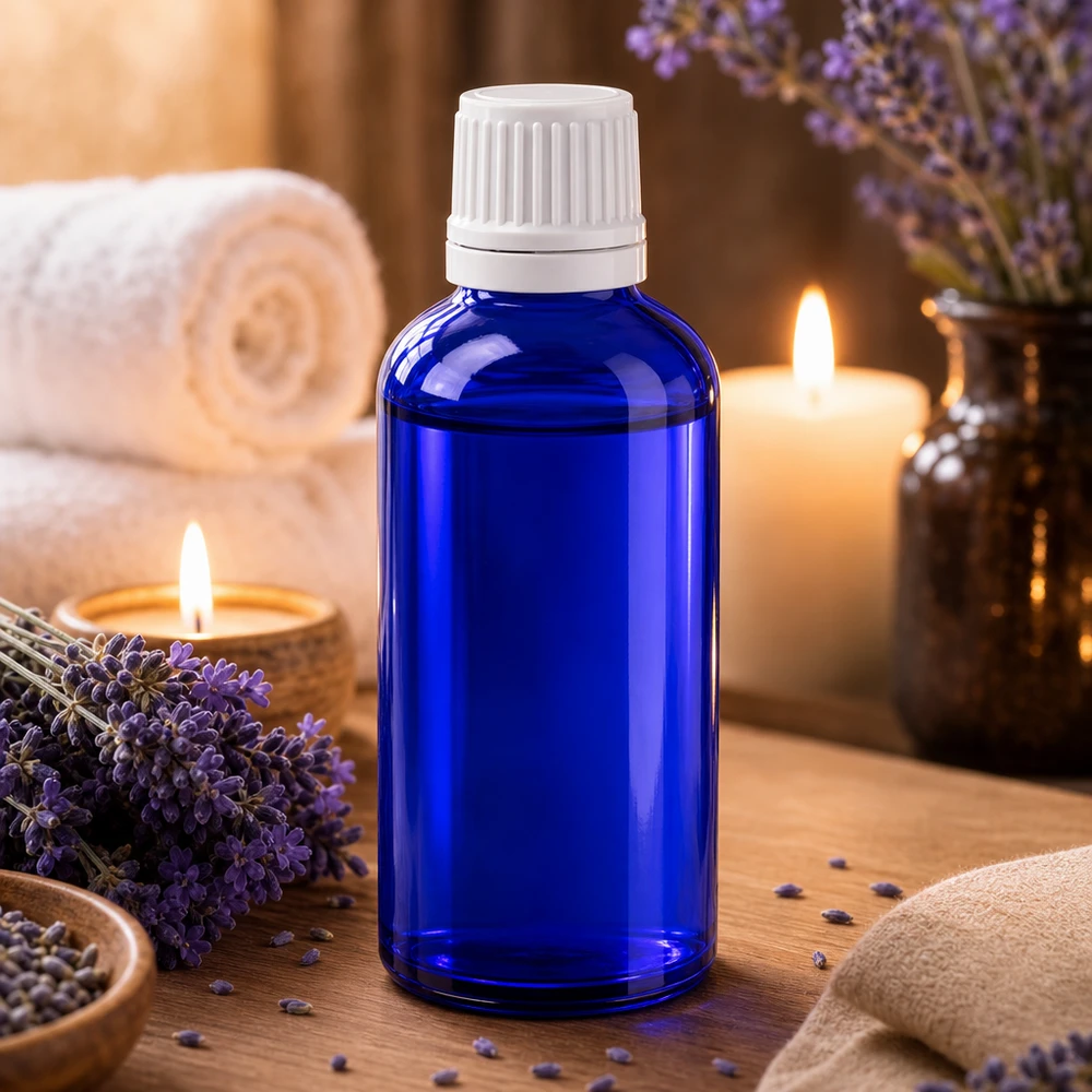 Lékárenská lahvička modrá 50ml kapátko uzávěr 1,2mm bílý uzávěr proti otevření. 50ml Blauglasflasche mit präzisem Tropfverschluss ideal für Aromatherapie und Heilöle