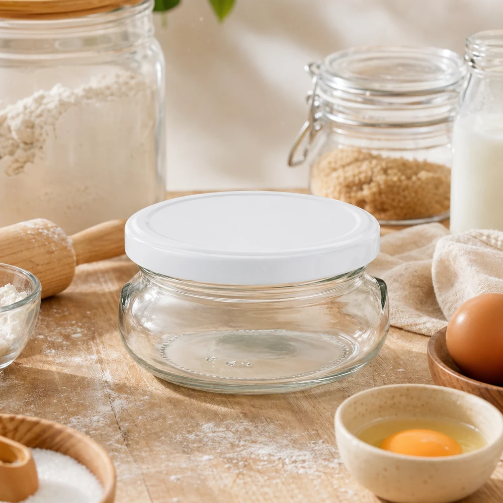 120ml zavařovací sklenice s víčkem BasicSeal bílá UNiTWIST 120ml Terrinenglas mit weißem Deckel in Backküche mit Mehl, Eiern und Backzutaten für Dessert-Zubereitung