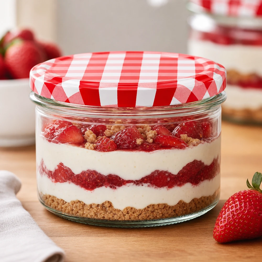 225ml Sturzglas mit Erdbeer-Dessert und rot-weiß kariertem BasicSeal Deckel als stylische Dessertverpackung