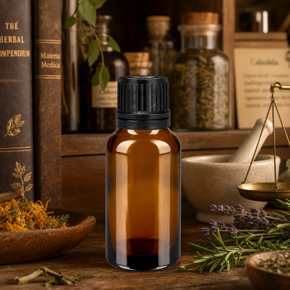 20ml láhev 11mm šroubovací uzávěr černá se zajištěním proti manipulaci BrownLine UT18/20 20ml Glasflasche mit lichtschützender Brauntönung und dichtem schwarzem Verschluss