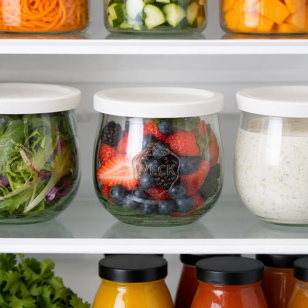 WECK Tulpenglas 370ml RR80 im Kühlschrank mit Beeren gefüllt neben Salat und Aufstrichen zur frischen Lagerung