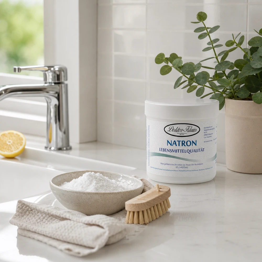 Hydrogenuhličitan sodný 250g Doktor-Klaus Vielseitiges Natron Doktor Klaus 250g in stylischer Küche mit modernem Wasserhahn und Dekoration