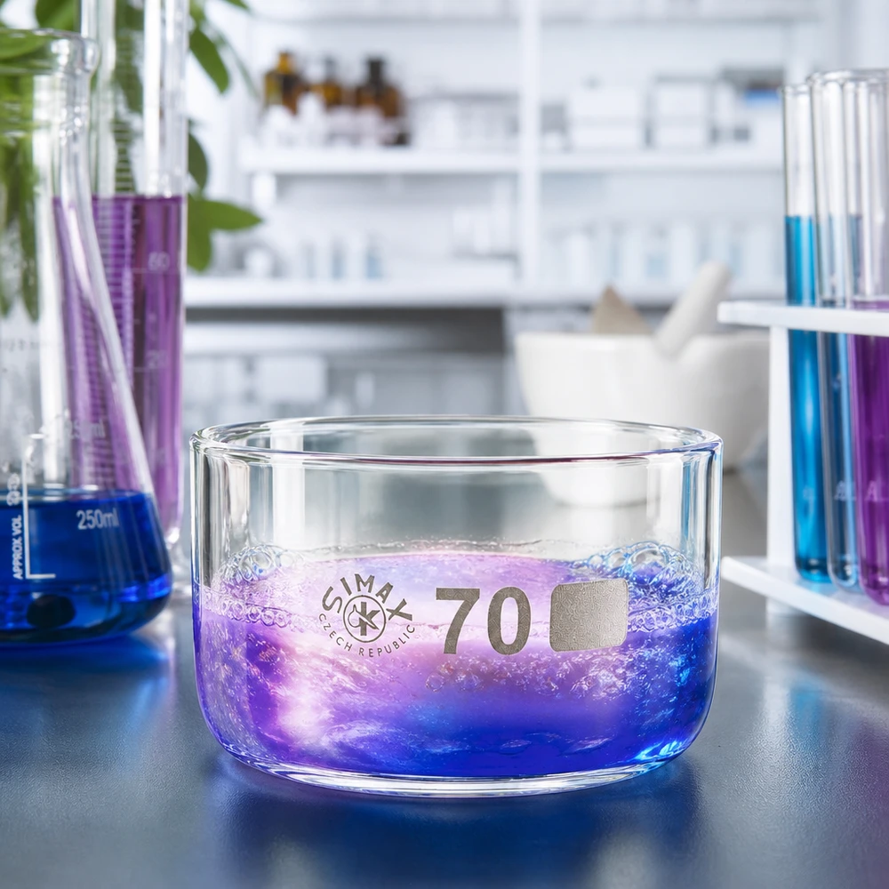 100ml krystalizační miska bez výlevky borosilikátová ø70mm Borosilikatglas Kristallisierschale 70mm mit Mischung aus blauer und violetter Laborflüssigkeit