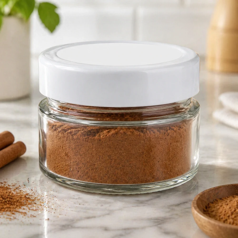 80ml kulatá sklenice s víčkem BasicSeal bílá hluboká UNiTWIST 80ml Rundglas gefüllt mit braunem Pulver zeigt praktische Anwendung für Gewürze und Küchenaufbewahrung