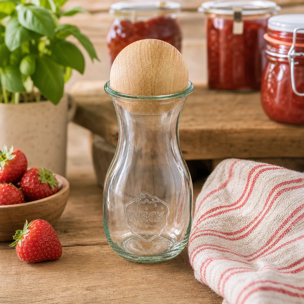 290ml láhev na džus WECK RR60 s dřevěnou kuličkou buk WECK Glasflasche 290ml RR60 mit Buchenkugel-Verschluss in rustikaler Küche neben Erdbeeren und Marmeladengläsern