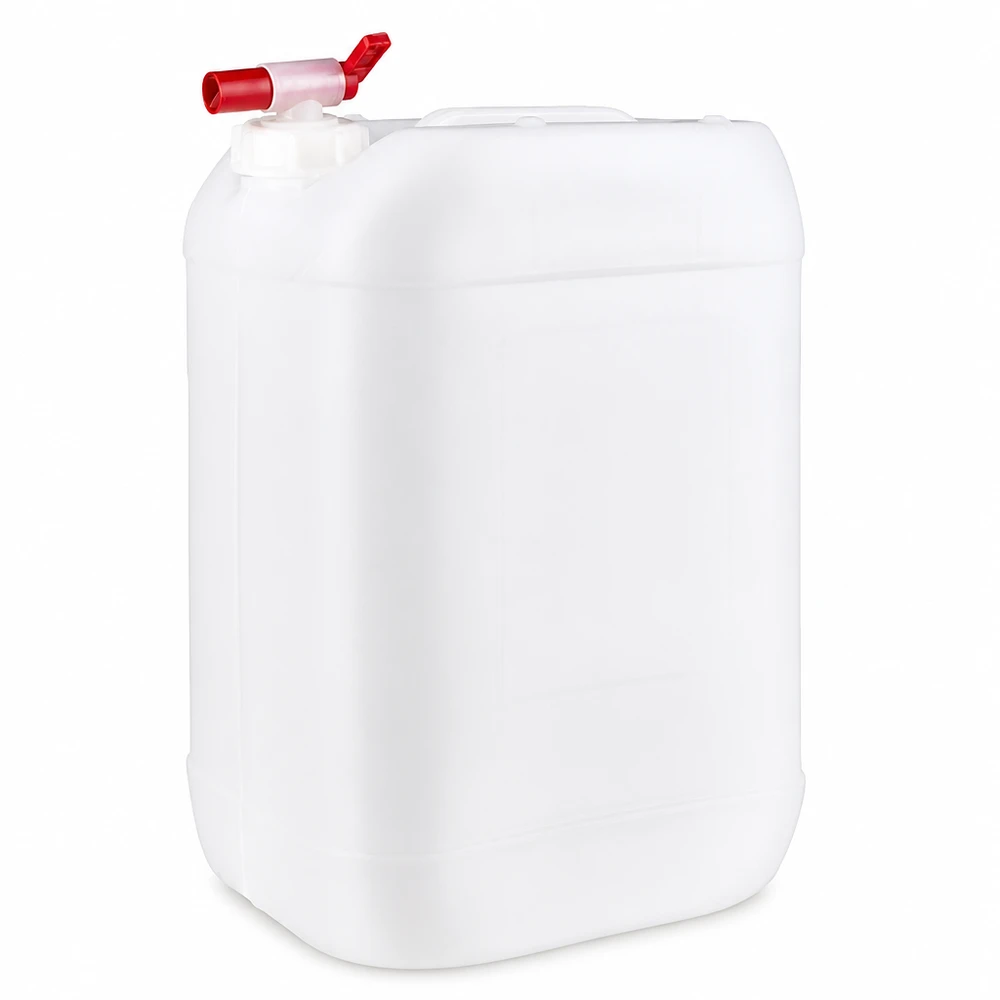 Kanystr 25 litrů s vypouštěcím kohoutkem 25 Liter HDPE Kanister Natur-Weiß mit integriertem Auslaufhahn und breitem Schraubdeckel