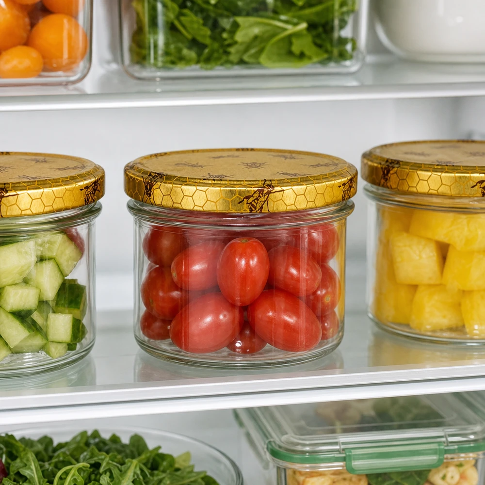 Skleněná nádoba o objemu 225 ml + víčko BasicSeal honeycomb UNiTWIST 225ml Sturzglas Set im Kühlschrank mit Gemüse gefüllt BasicSeal Bienenwaben-Deckel Meal Prep Vorratsgläser