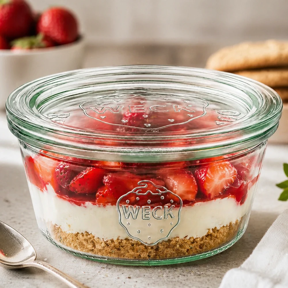 290ml nízká zavařovací sklenice WECK RR100 se skleněným víčkem - dřevěné víčko. WECK Sturzglas 290ml RR100 mit Erdbeer-Schichtdessert gefüllt zeigt vielseitige Verwendung als Dessertglas mit Glasdecke