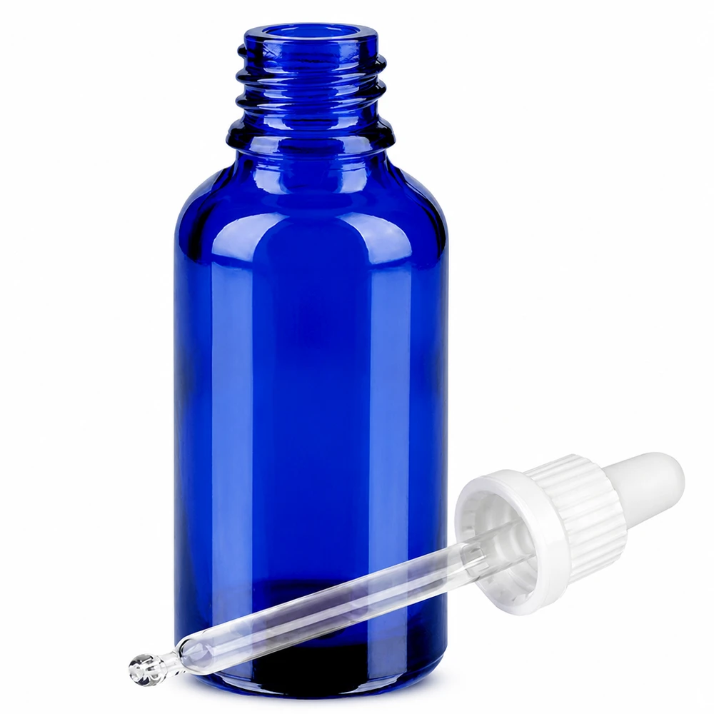 Kompakte 30ml Dosierungsflasche aus UV-Schutzglas mit ergonomischer Pipette cobaltblau