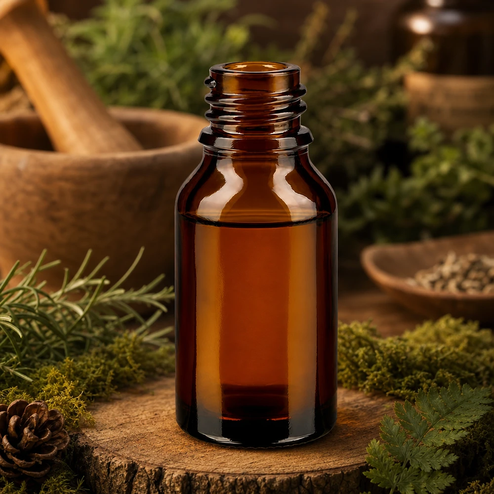 Kapací láhev 30 ml z jantarového skla DIN 18 HOHE FORM 30ml braune ApoGlas Apothekenflasche hohe Form mit Moos Tannenzapfen Naturkosmetik Waldambiente Holzschale