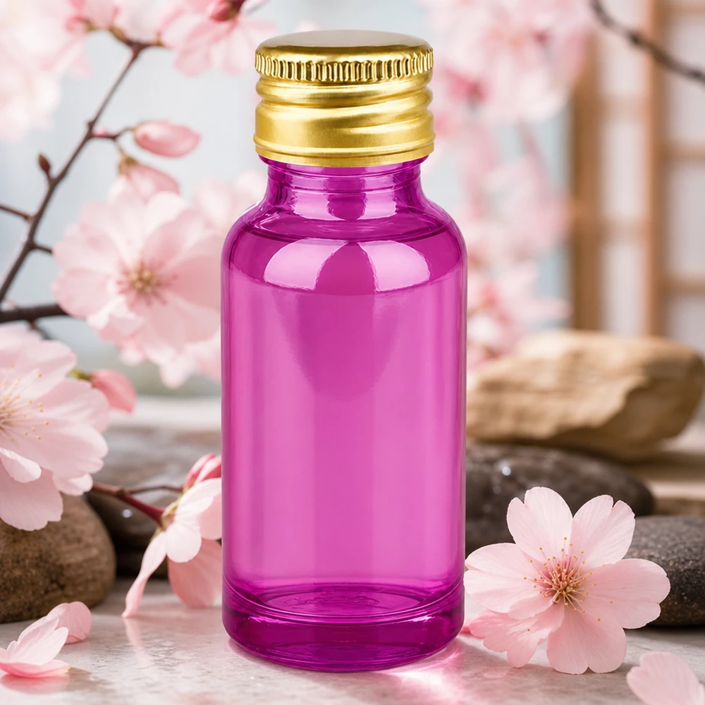 20ml lahvička PurpleLine se šroubovacím uzávěrem 11 mm hliníková zlatá standardní. UT18/20 20ml Glasflasche in intensivem Lila mit praktischem Schraubverschluss für Wellness-Anwendungen