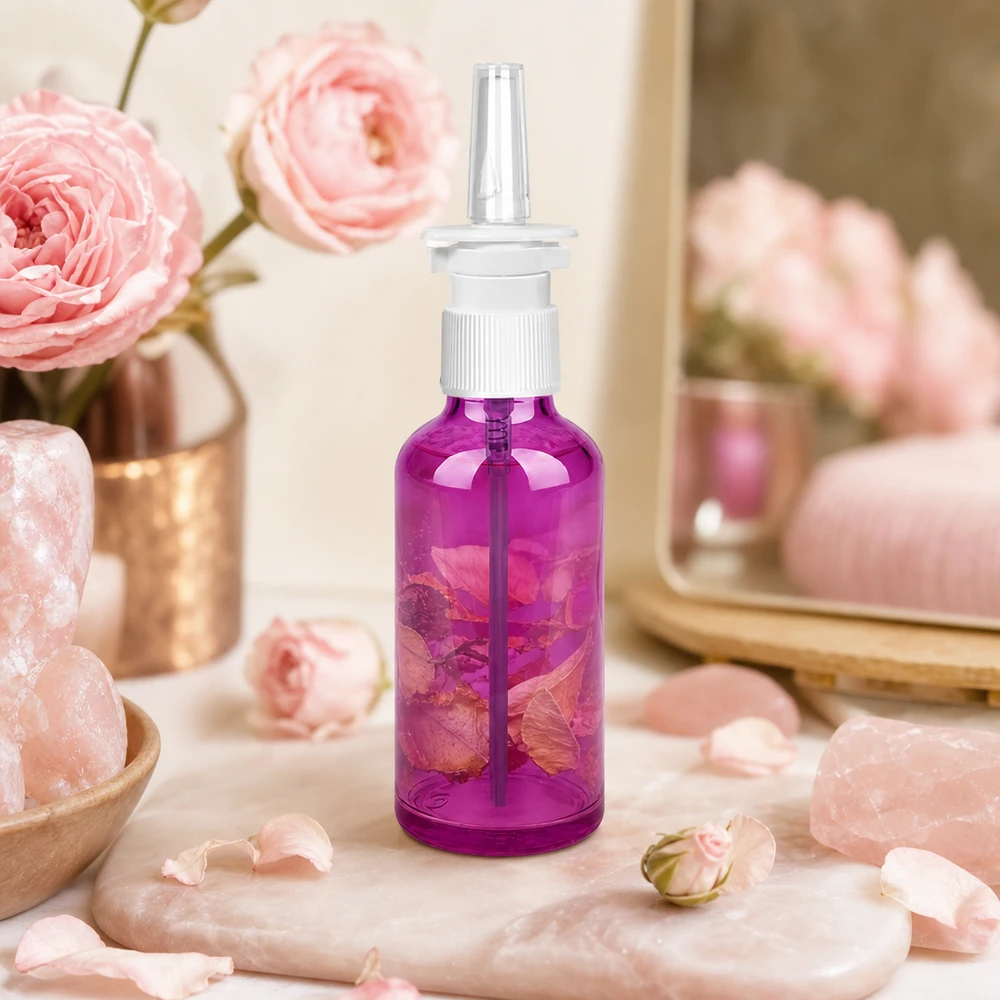 50ml lahvička s nosním rozprašovačem PurpleLine bílá/transparentní standardní hlavice. UT18/50 Vielseitige 50ml Sprayflasche in Purple für Nasensprays und ätherische Öl-Mischungen