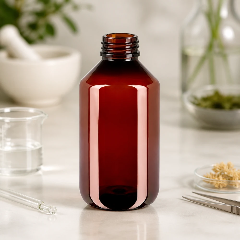 Prázdná 500ml PET láhev v jantarové barvě se šroubovacím uzávěrem pro zajištění neporušenosti