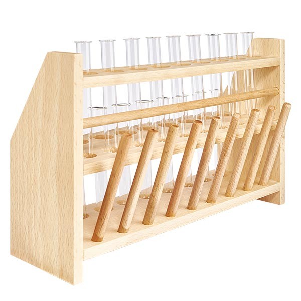 D&#345;ev&#283;n&#253; stojan na zkumavky s 18 borosilik&#225;tov&#253;mi zkumavkami 100x12.