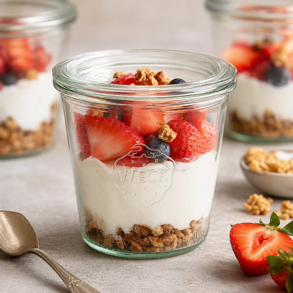 290ml vysoká skleněná nádoba WECK se skleněným víčkem RR80 WECK Sturzglas 290ml RR80 mit Schichtdessert aus Joghurt Erdbeeren Blaubeeren und Walnüssen als Frühstücksidee