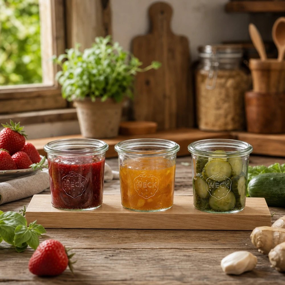 Servírovací prkénko Plano3 se 3 tumblery Weck 140ml WECK Gläser 140ml auf Servierbrett mit Marmelade und eingelegten Gurken in rustikaler Küche mit Kräutern