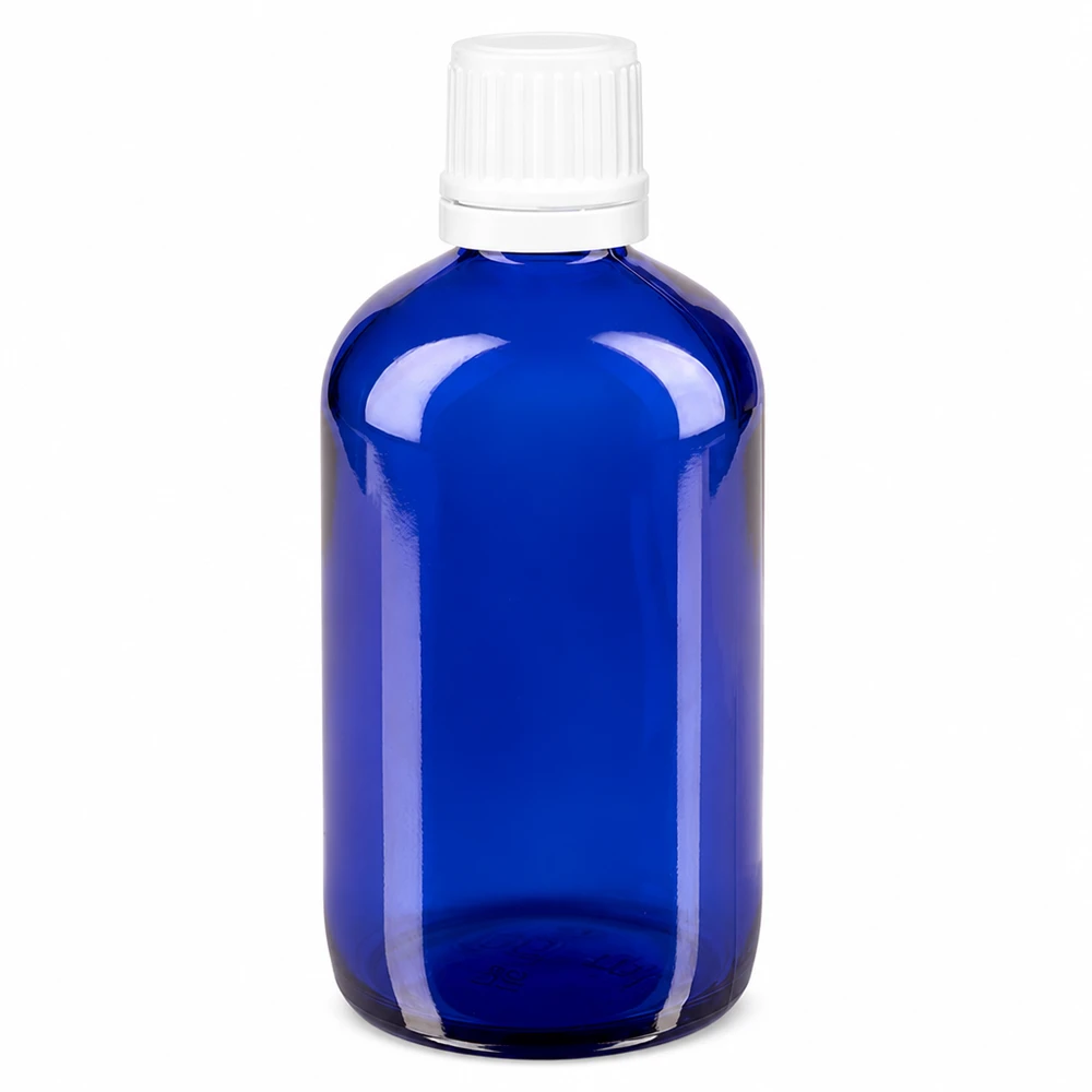 Lékárenská láhev modrá 100ml se šroubovacím uzávěrem bílá s uzávěrem proti neoprávněné manipulaci. Apothekerflasche blau 100ml Glas mit weißem Originalitätsverschluss ideal für Tropfen und Tinkturen
