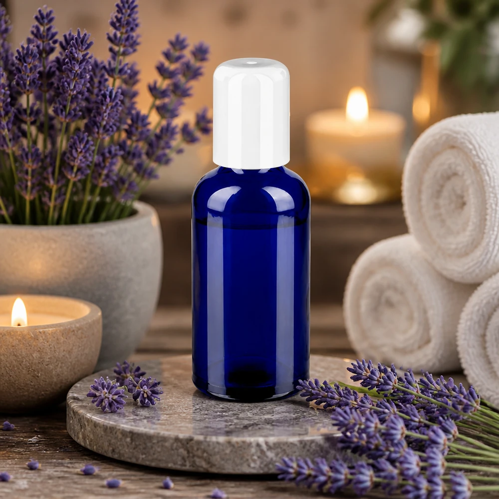 50ml roll-on lahvička bílá standardní uzávěr BlueLine UT18/50 BlueLine Roll-On Flasche 50ml aus UV-beständigem Glas perfekt für Lavendel- und Kräuteröle