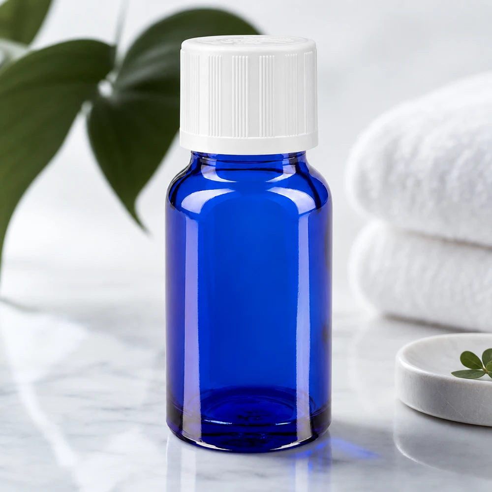 UV-Schutzglas blau 10ml mit weißem kindersicherem Verschluss für ätherische Öle