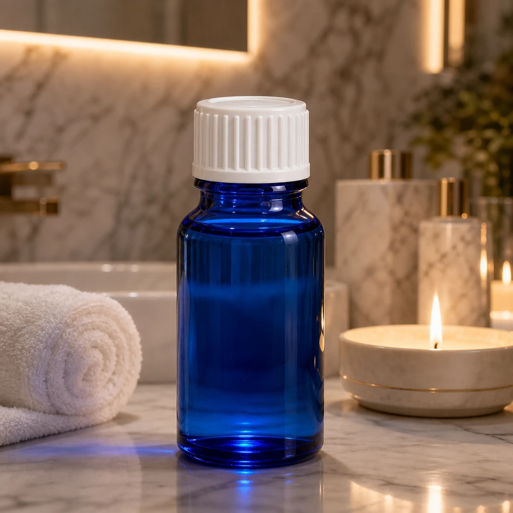 Lékárenská láhev modrá 10ml šroubovací uzávěr bílý standardní Kompakte blaue Glasflasche 10ml mit kindersicherem weißem Verschluss für Kosmetik und Öle