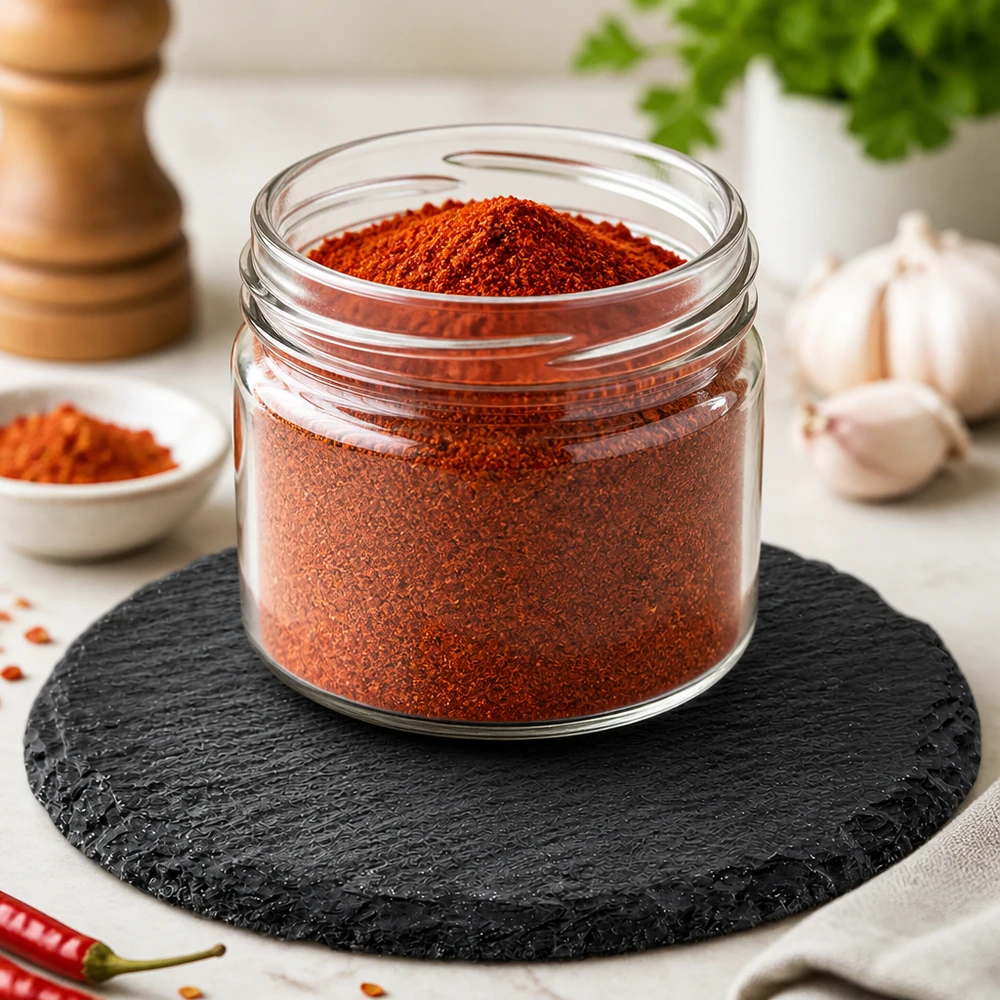 Břidlicový servírovací talíř kulatý Ø150mm Runde Schieferplatte 15cm mit rotem Gewürzpulver in Glasgefäß und Knoblauch als edle Gewürzpräsentation