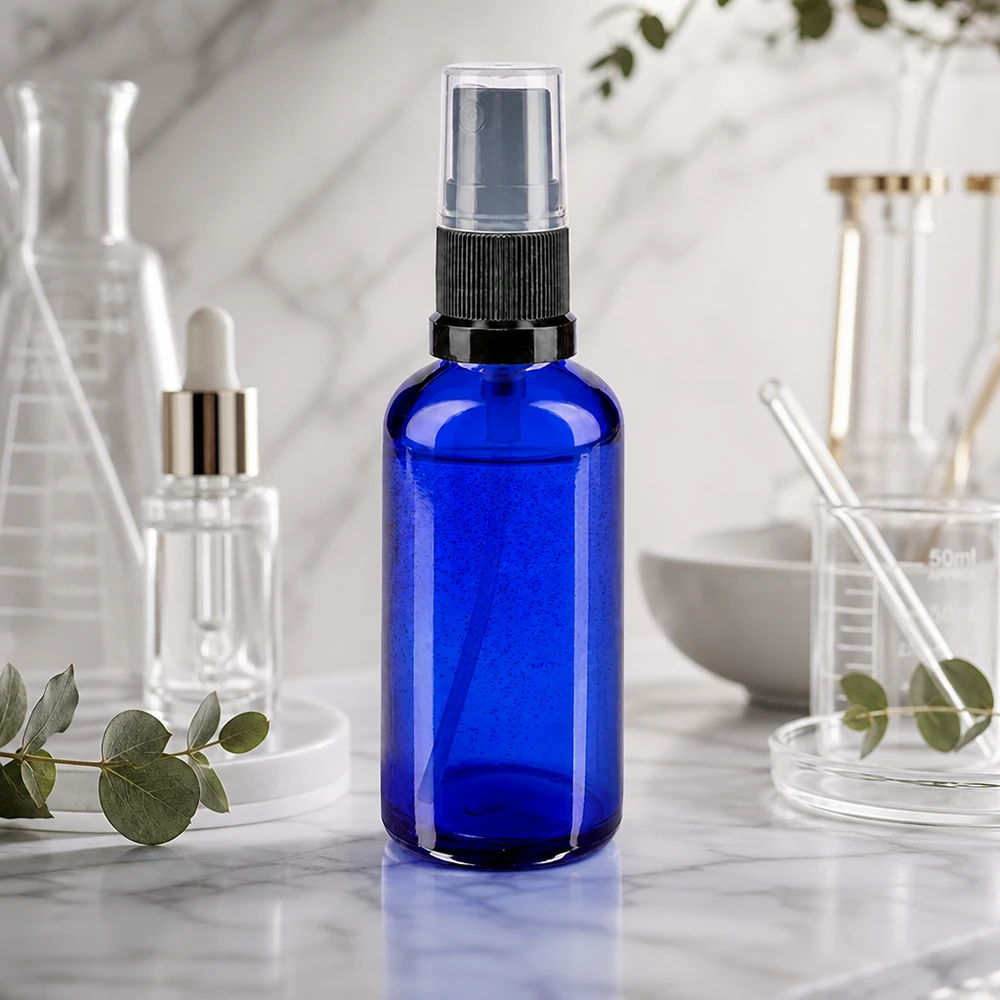 Lékárenská lahvička modrá 50ml s rozprašovacím uzávěrem černá Nachfüllbare 50ml Glassprühflasche Blau mit schwarzem Schraubzerstäuber Standard-Apothekenglas