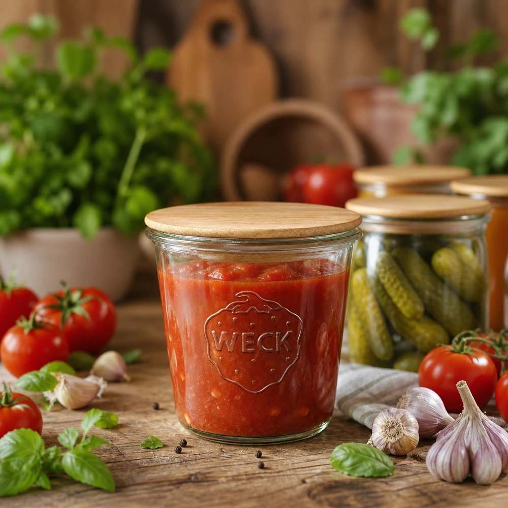 580ml tumblery WECK RR100 s dřevěným víkem buchta WECK Einmachglas 580ml mit Holzdeckel gefüllt mit Tomatensoße, umgeben von frischen Zutaten und Gewürzgurken