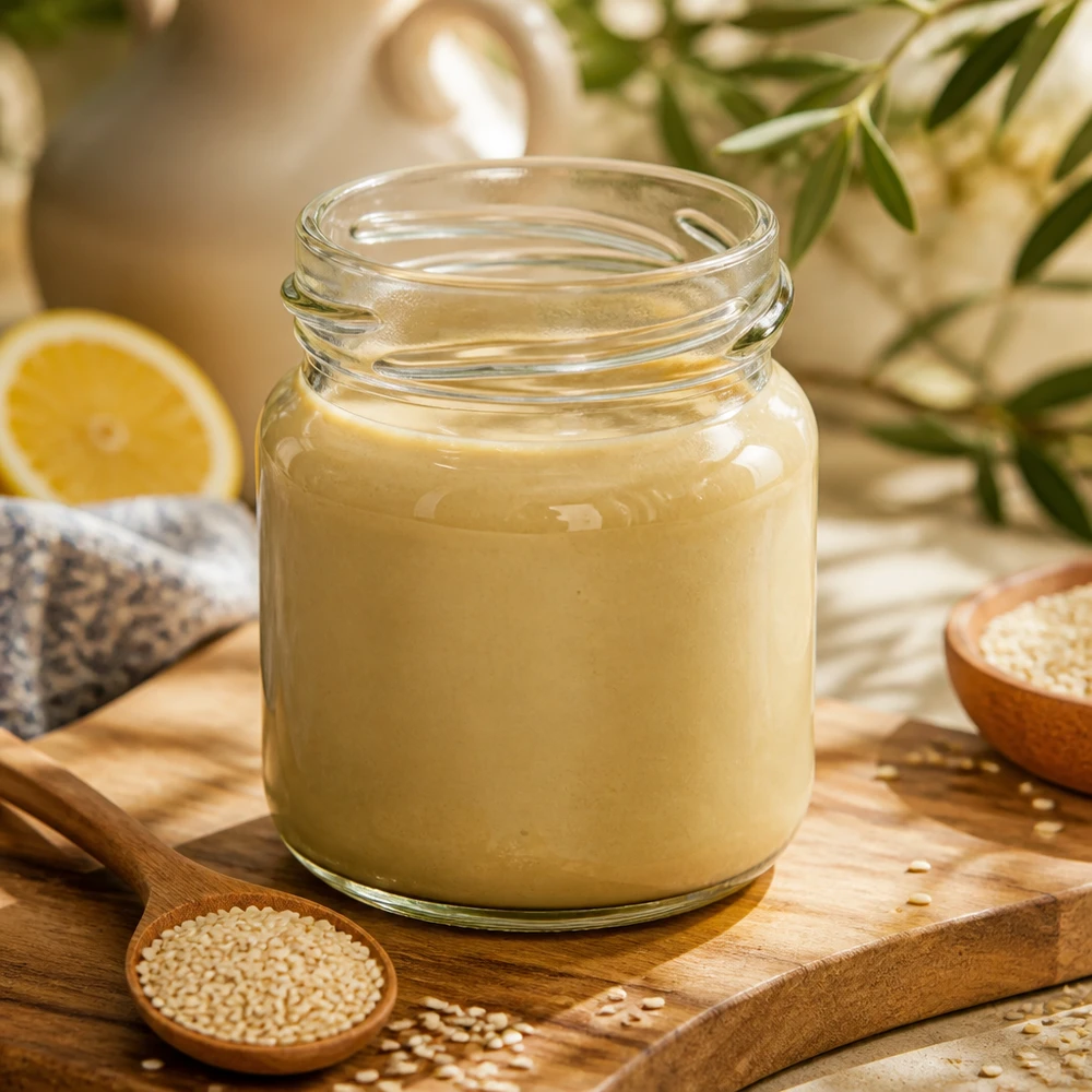 Runda53 – kulatá sklenice 53 ml TO43 naplněná krémovým tahini, se sezamovými semínky a plátkem citronu