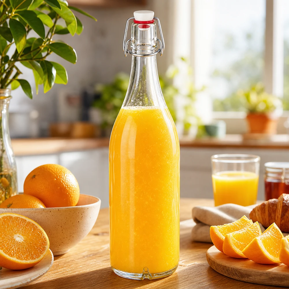 Skleněná láhev o objemu 1000 ml + otočný porcelánový vršek UNiTWIST 1000ml Glasflasche mit Bügelverschluss gefüllt mit frischem Orangensaft neben Orangen auf Küchentisch