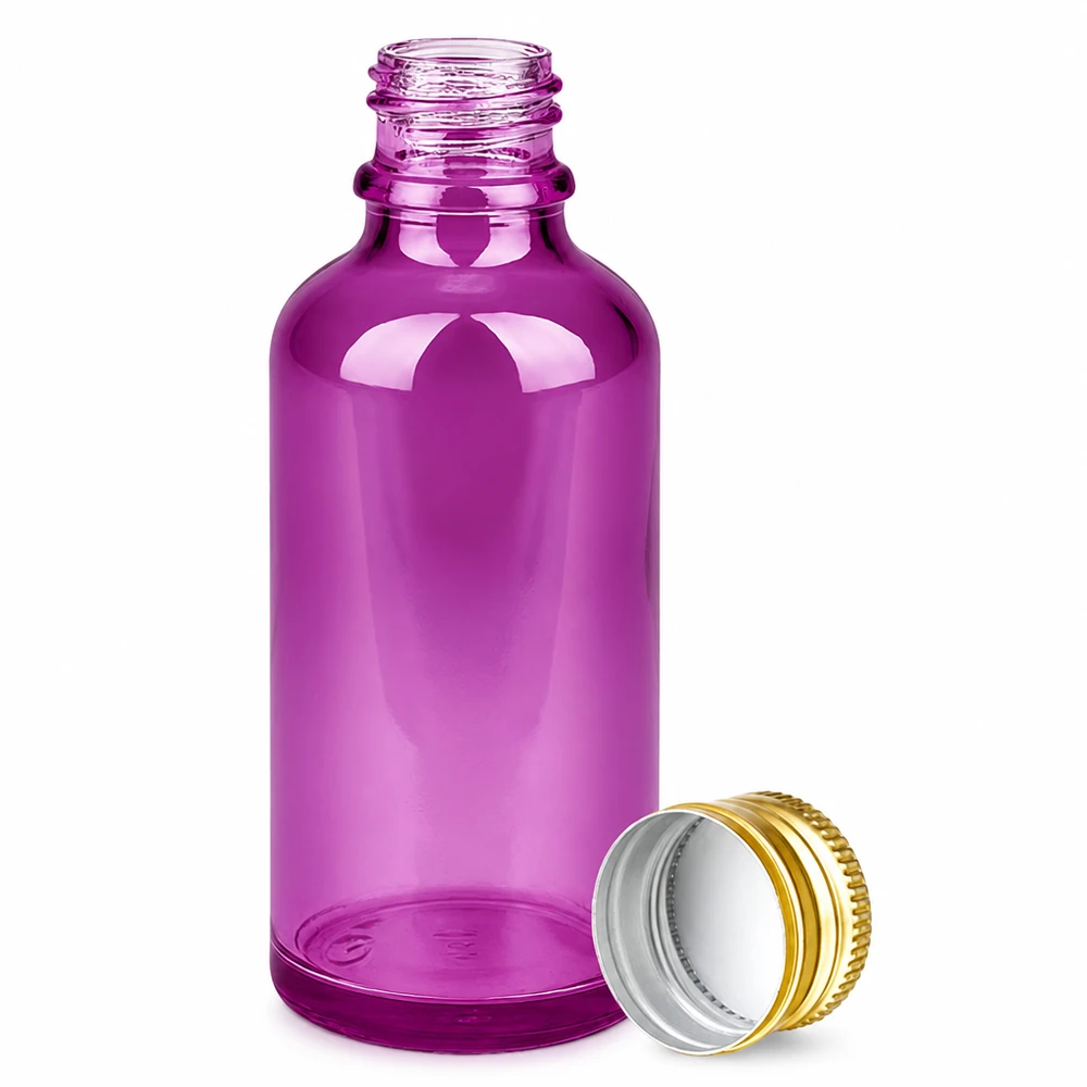 PurpleLine 50ml lahvička 11mm šroubovací uzávěr hliníkový zlatý standard. UT18/50 Handliche Violettglasflasche 50ml mit dichtschließendem Aluverschluss in Goldoptik