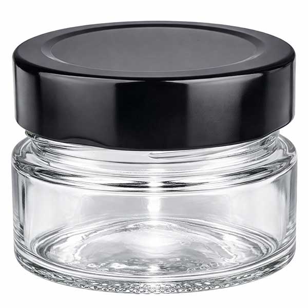80ml kulatá sklenice + víčko BasicSeal černé hluboké UNiTWIST 80ml Rundglas mit schwarzem BasicSeal Deckel UNiTWIST Verschluss transparent leer Kosmetikglas Tiegel