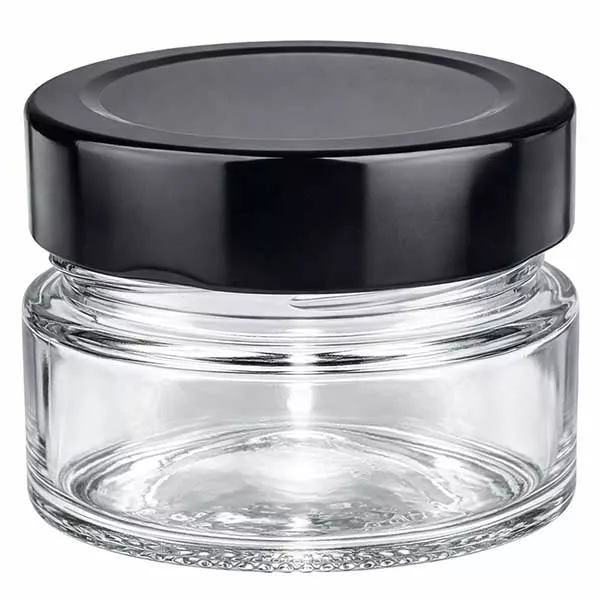 80ml kulatá sklenice + víčko BasicSeal černé hluboké UNiTWIST 80ml Rundglas mit schwarzem BasicSeal Deckel UNiTWIST Verschluss transparent leer Kosmetikglas Tiegel