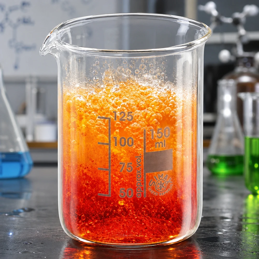 Kádinka 150ml z borosilikátového skla, nízký tvar Forschungslabor Becherglas 150ml niedrige Form zeigt lebendige orange Chemikalie mit Schaumbildung