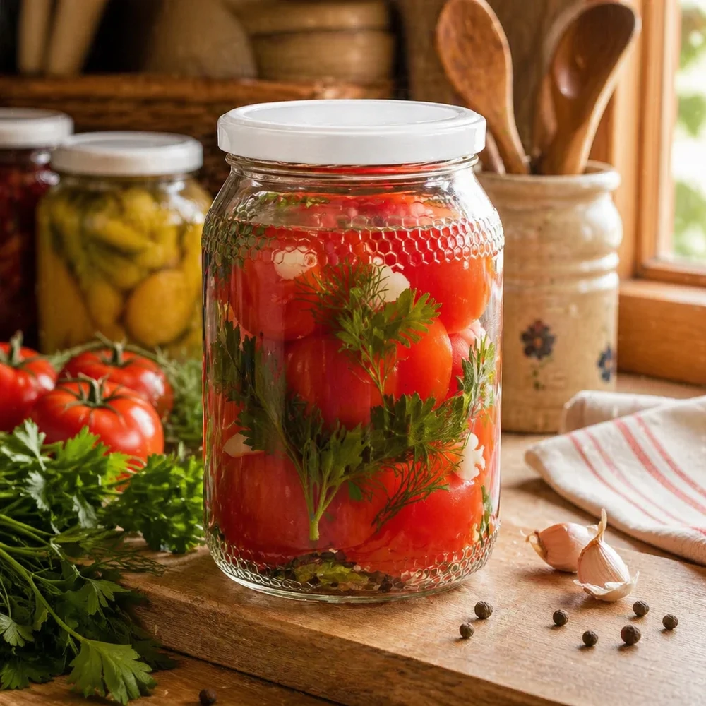 Honigglas 900ml mit eingelegten Tomaten und Kräutern zeigt Konservierungsmöglichkeiten BasicSeal Deckel weiß