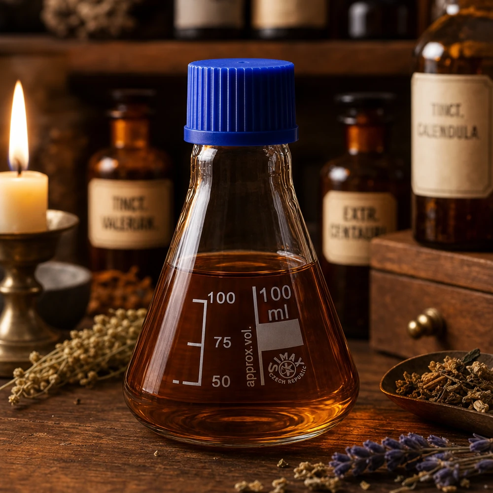 Erlenmeyerova baňka 100ml se šroubovacím uzávěrem Chemiebeständiger Erlenmeyerkolben 100ml mit UV-Schutz durch getöntes Glas und blauen Deckel