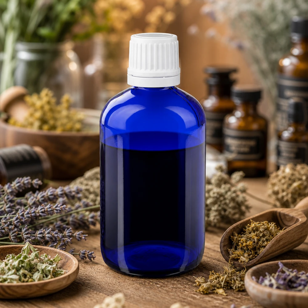 Lékárenská láhev modrá 20ml kapátko bílé uzávěr odolný proti dětem standardní Hochwertige Kobaltglas-Tropfflasche 20ml mit weißem KiSi-Deckel für Naturheilmittel und Essenzen