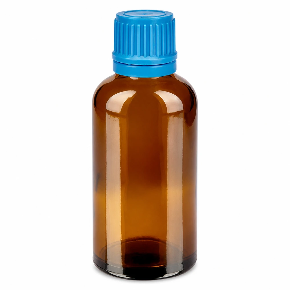 Runde 50ml Braunglasflasche mit strukturiertem blauen Verschluss für präzise Dosierung