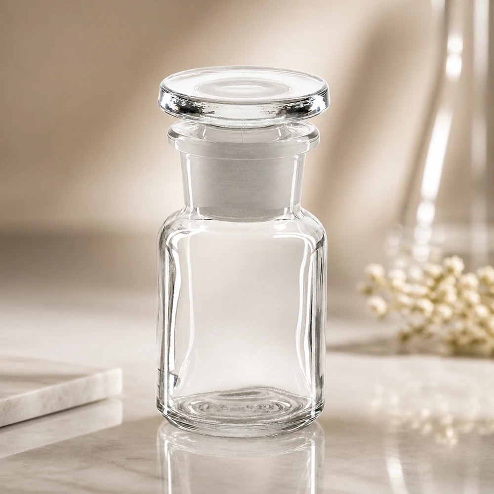 Láhev s kulatým ramenem 50ml čirá skleněná zátka se širokým hrdlem Glasflasche mit Rundschulter 50ml klar breite Öffnung und flacher Glasstopfen luftdicht