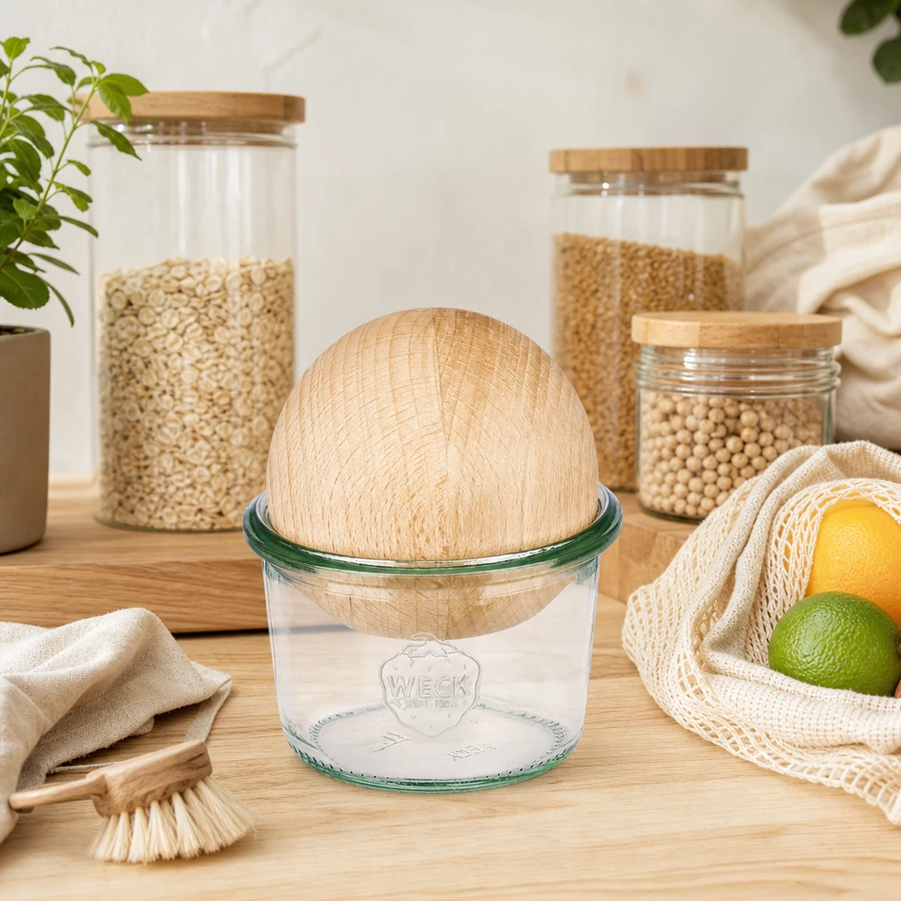 80ml kelímky WECK RR60 s dřevěnou kuličkou buk WECK Sturzglas 80ml RR60 mit Buchenholzkugel in nachhaltiger Zero-Waste-Küche mit Vorrätsgläsern und Jutebeutel