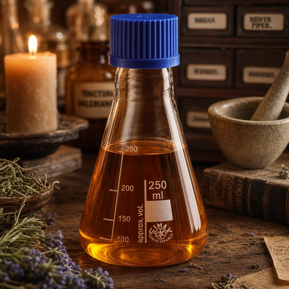 Erlenmeyerova baňka 250ml se šroubovacím uzávěrem Brauner Glaskolben 250ml mit Graduierungslinien und Schraubkappe für Pharmazie und Forschung