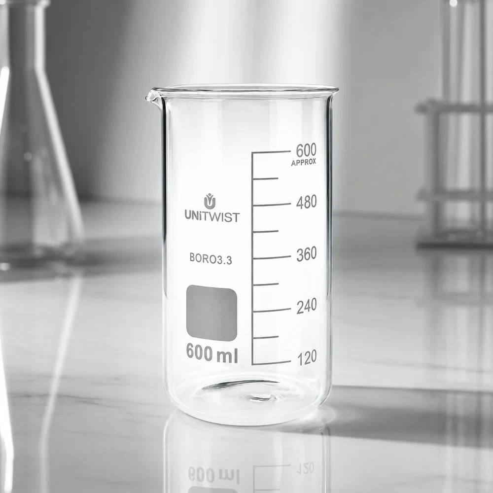 Kádinka 600 ml borosilikátová, vysoká forma UNiTWIST UNITWIST 600ml Becherglas hohe Form transparentes Borosilikat mit Skala und quadratischem Etikettenfeld