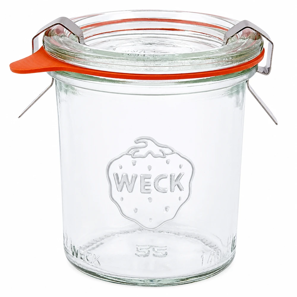 Kompletní 140ml sklenice se svěžestí WECK RR60 WECK Sturzglas 140ml RR60 mit Glasdeckel Gummiring und Klammern komplett Set für Einmachen und Konservieren
