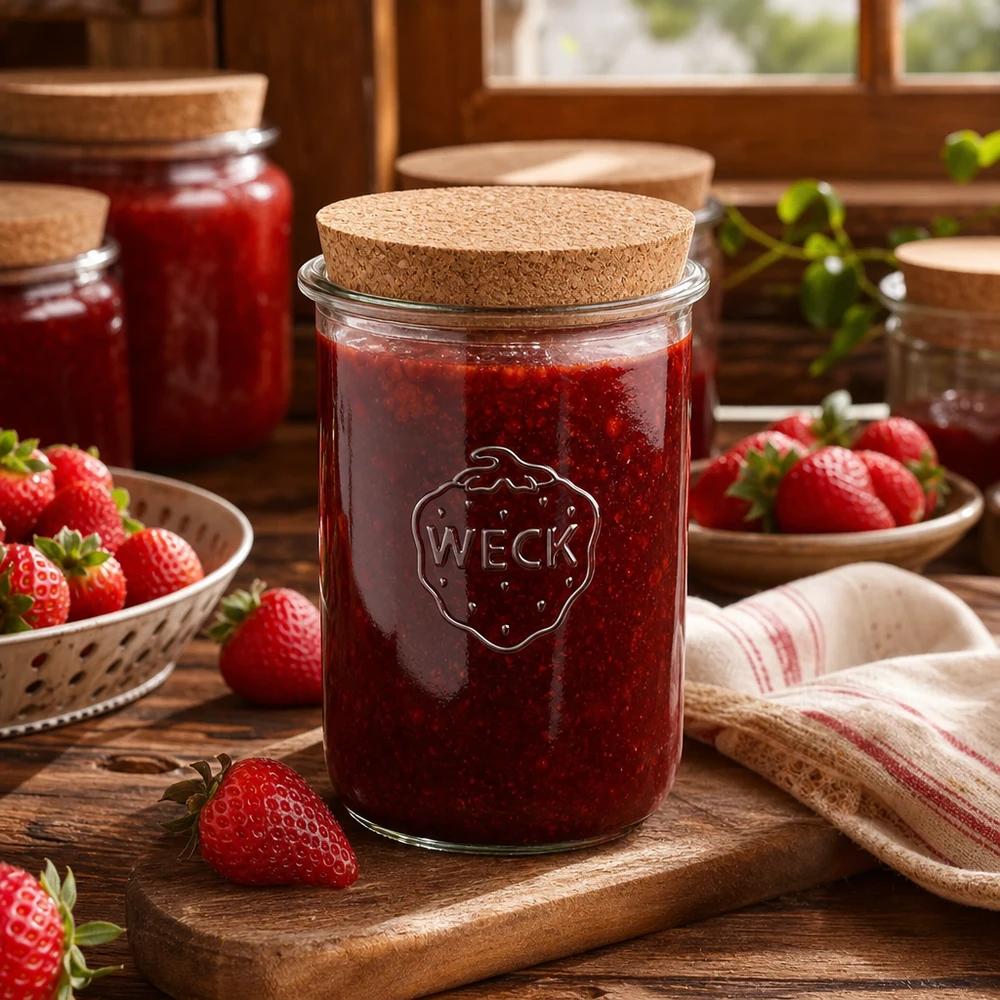 WECK Sturzglas 1000ml RR100 mit Korkdeckel gefüllt mit Erdbeermarmelade umgeben von frischen Erdbeeren rustikale Küche