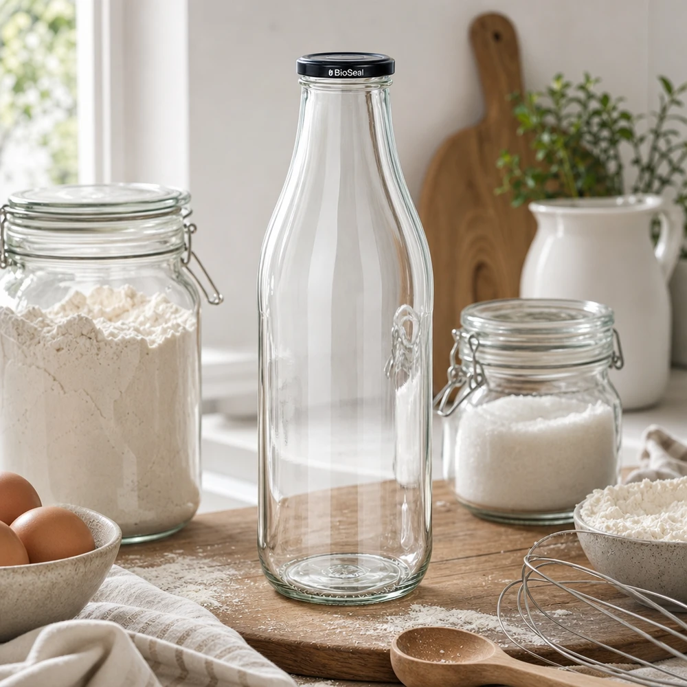 1000ml Glasflasche mit BioSeal Deckel in Küche zwischen Vorratsgläsern Mehl Zucker Küchenutensilien Lifestyle