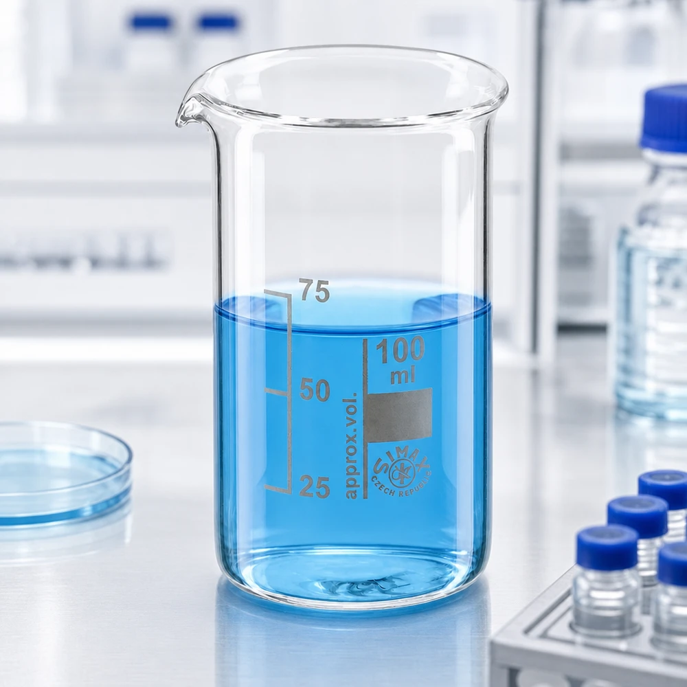 Kádinka z borosilikátového skla o objemu 100 ml, vysoký tvar Borosilikatglas Becherglas 100ml hohe Form mit blauem Inhalt zwischen Reagenzgläsern und Vials