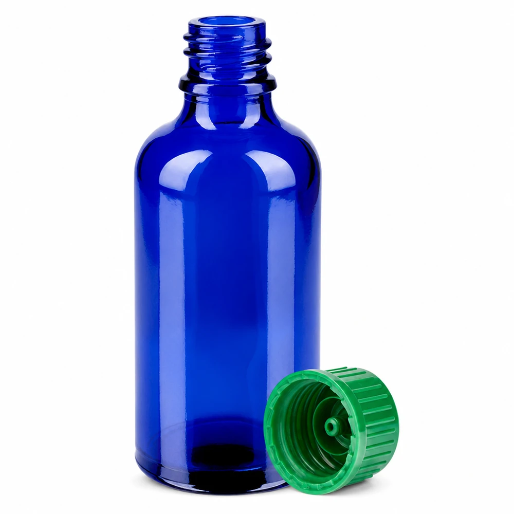 50ml láhev 11mm šroubovací uzávěr zelená Standard BlueLine UT18/50 Kompakte 50ml blaue Vorratsflasche mit kindersicherem grünen Verschluss für Extrakte