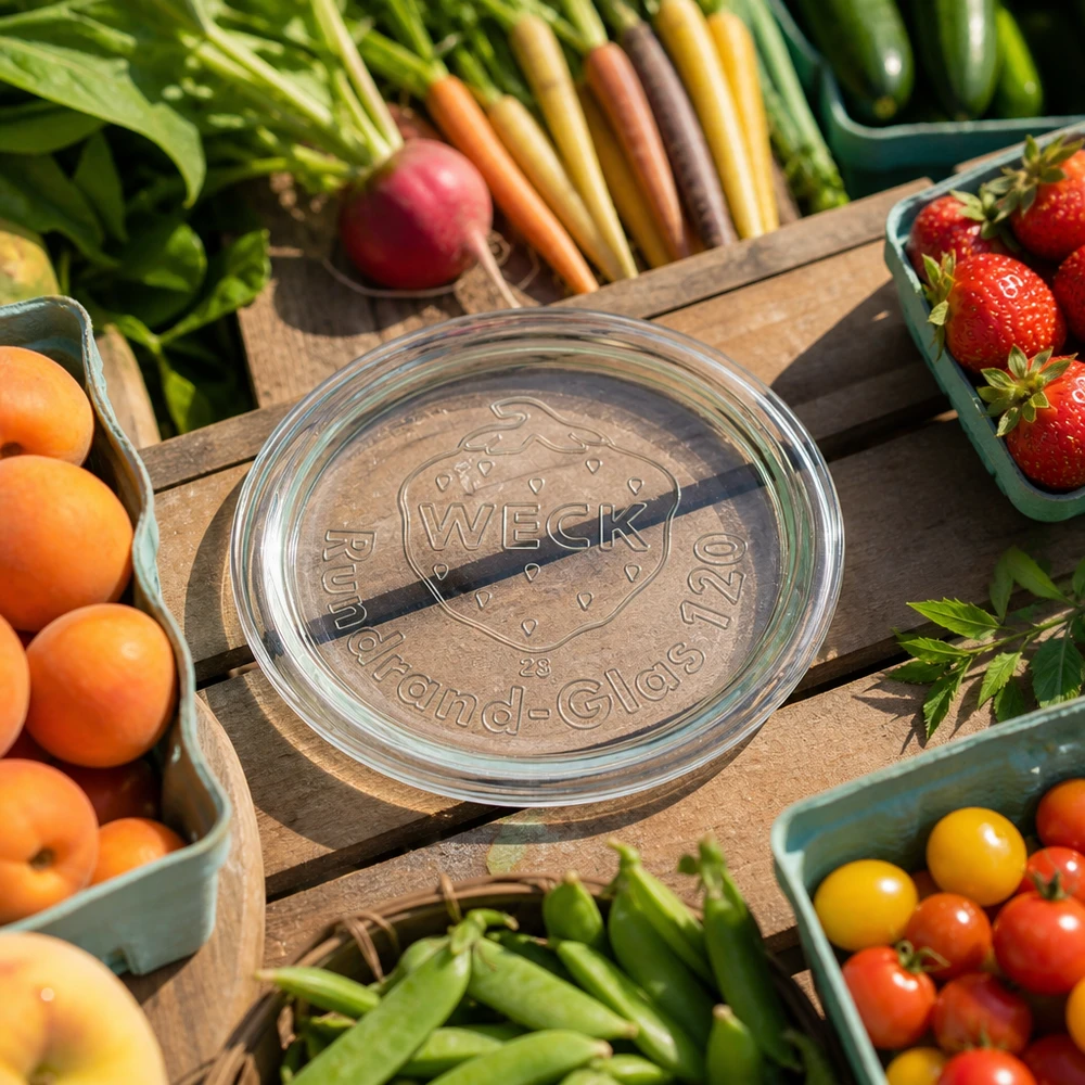 WECK Glasdeckel RR120 umgeben von frischem Obst und Gemüse auf Holztisch zeigt Anwendung beim Einkochen